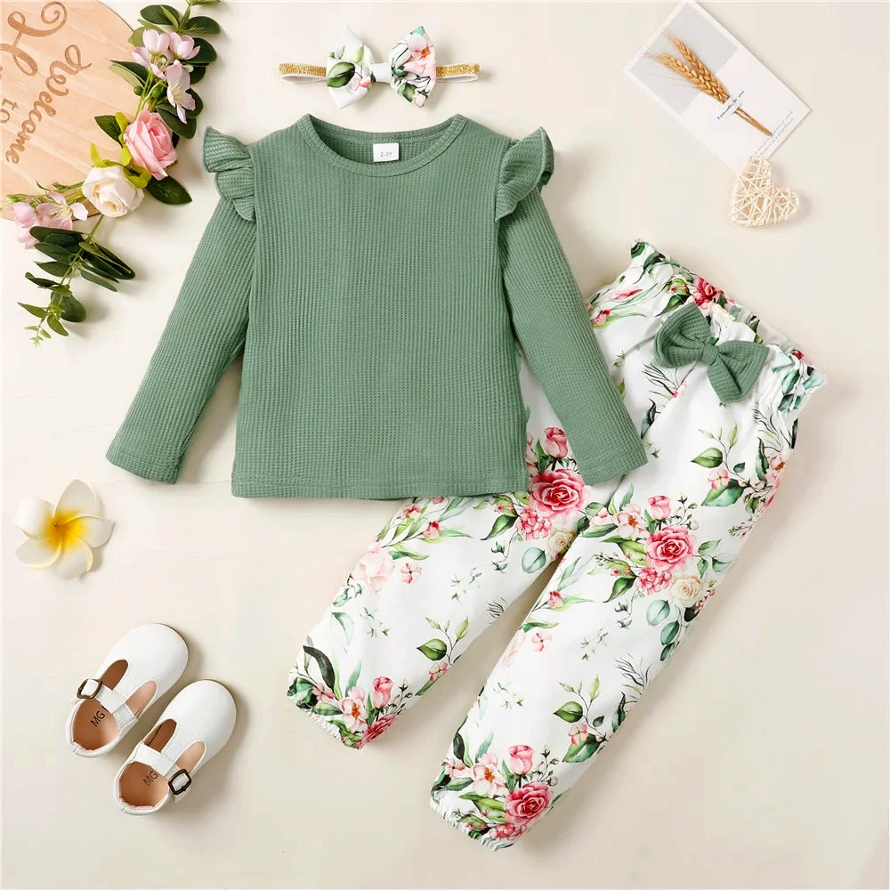 Flirty Florals 🌸 Long Sleeve Ribbed Shirt + Floral Pants and Headband