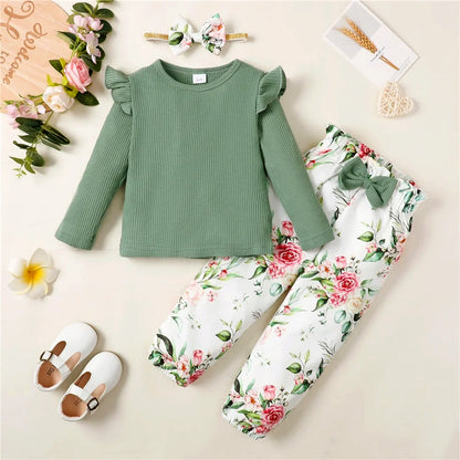 Flirty Florals 🌸 Long Sleeve Ribbed Shirt + Floral Pants and Headband