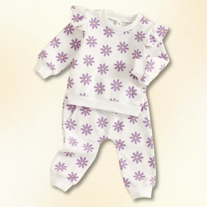 Flower Power long sleeve sweatshirt and joggers set for infants, featuring a playful purple flower print, sizes 0-18M.