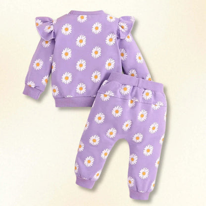 Flower Power long sleeve sweatshirt and joggers set with daisy print, perfect for babies aged 0-18M. Cozy Fall outfit.