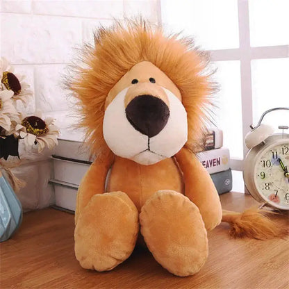 Plush lion doll from Jungle Friends collection on a wooden table, perfect for kids' playtime and jungle-themed adventures.