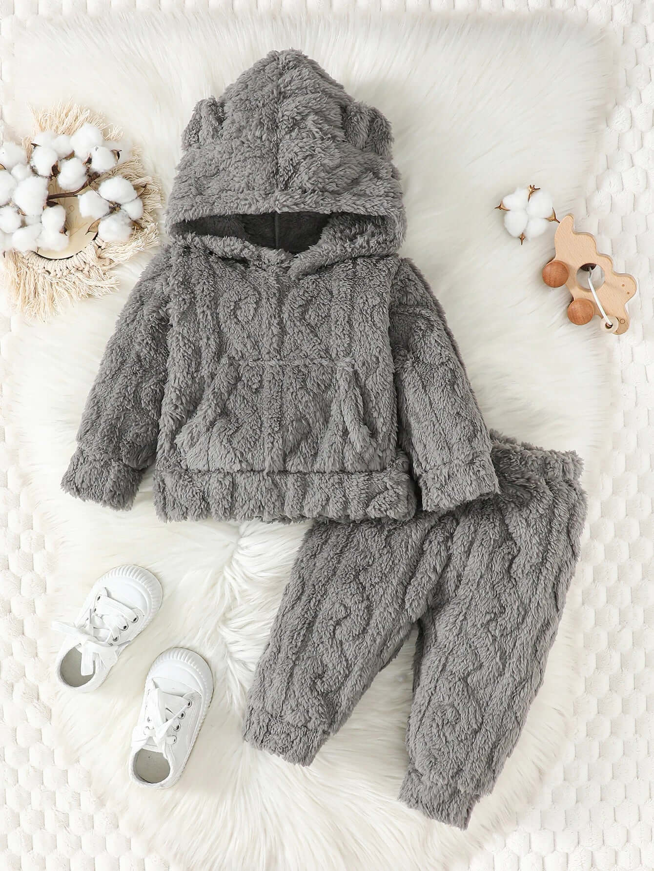 Gray fuzzy knit hoodie and joggers set for toddlers.