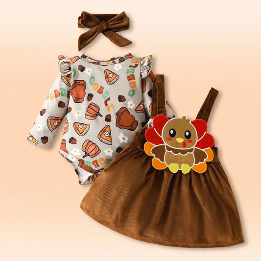 🍂🦃Gobble Gobble Baby Thanksgiving Outfit – 3-Piece Festive Set🎉💖 (0-18M)