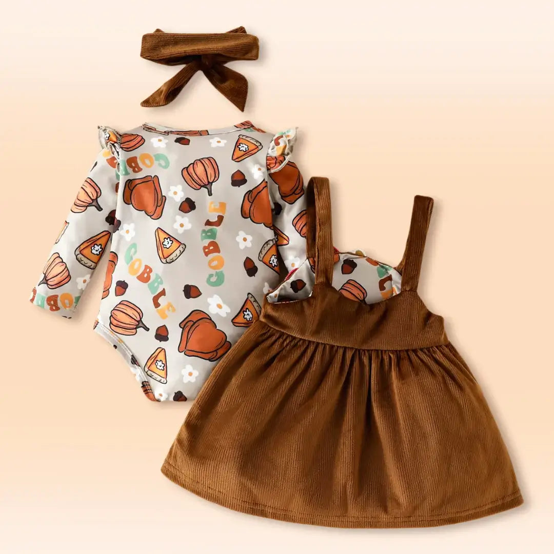 🍂🦃Gobble Gobble Baby Thanksgiving Outfit – 3-Piece Festive Set🎉💖 (0-18M)