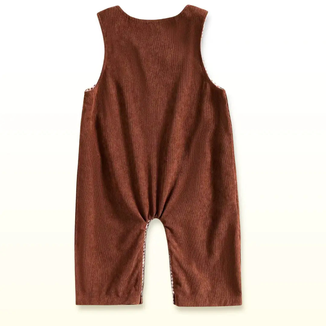 Brown corduroy baby overalls with no sleeves, perfect for Thanksgiving.