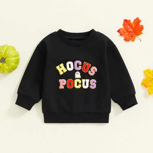 Halloween Spook-tacular Sweatshirt with "Hocus Pocus" embroidery, perfect for your little goblin, long sleeve round neck pullover (6M-5Y).