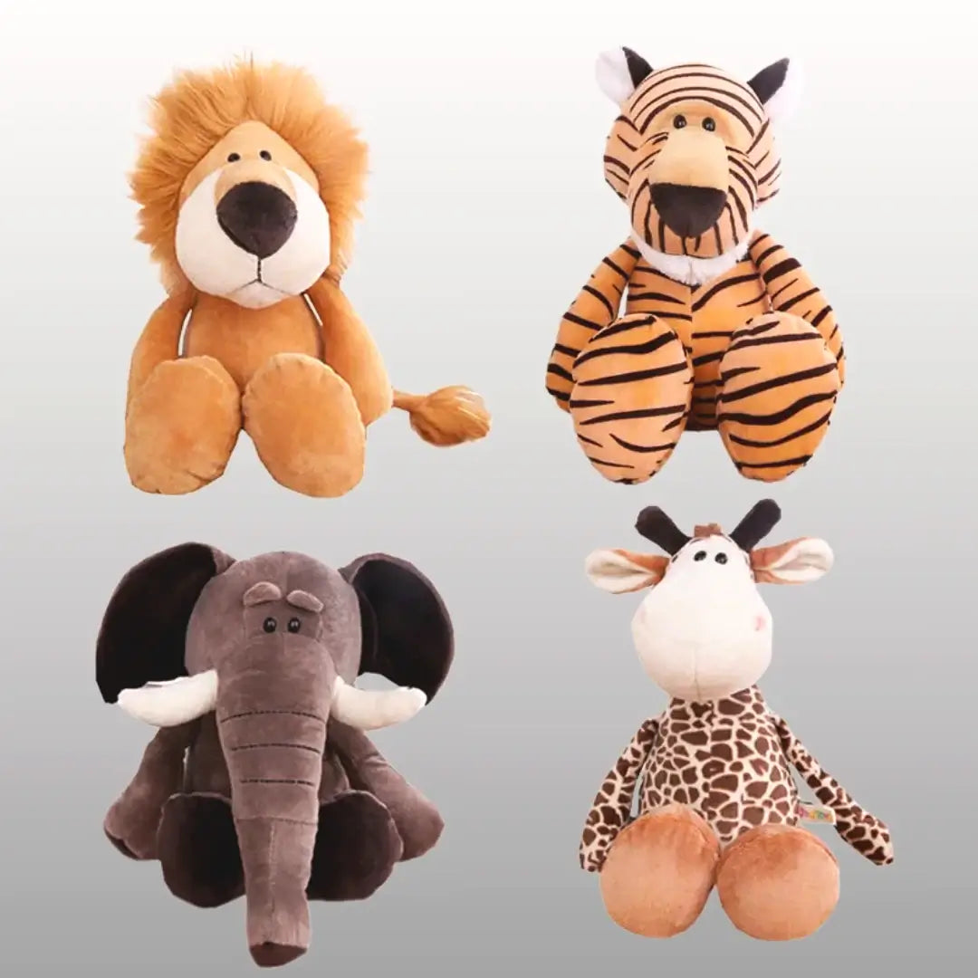 Jungle Friends Plush Dolls featuring lion, tiger, elephant, and giraffe toys for fun, imaginative playtime adventures.