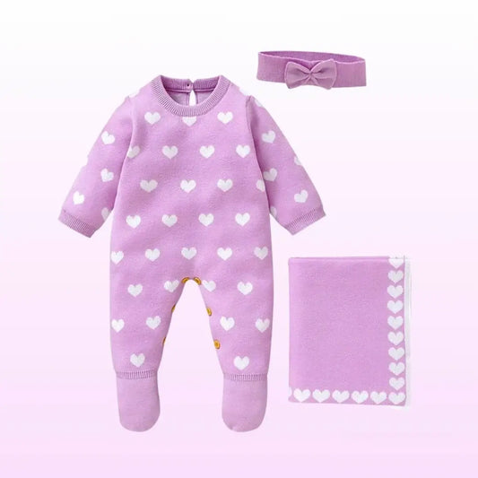 Lavender Love 💜 3-Piece Knit Romper & Blanket Set (Newborn - 9M)