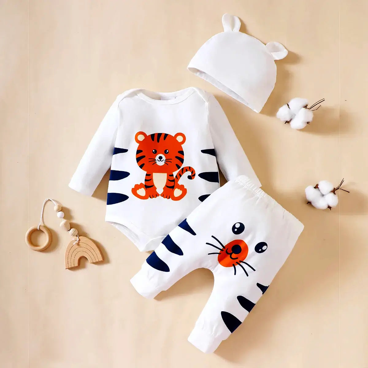 Tiger Cub 3-Piece Set! Round Neck, Long Sleeve Tiger Romper (0-9M)