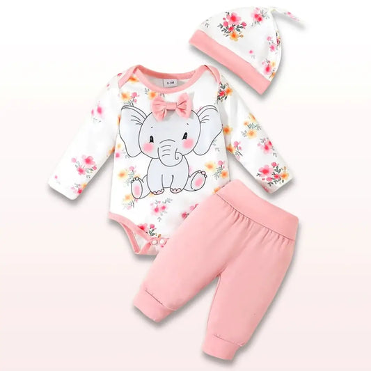 Little Elephant Delight 3-piece baby set with floral onesie, pink pants, and beanie. Perfect for comfort and style.