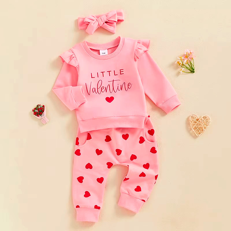 Little Valentine Love ❤️ Fly Sleeve Sweatshirt + Heart Print Pants + Bow (6M-3T)