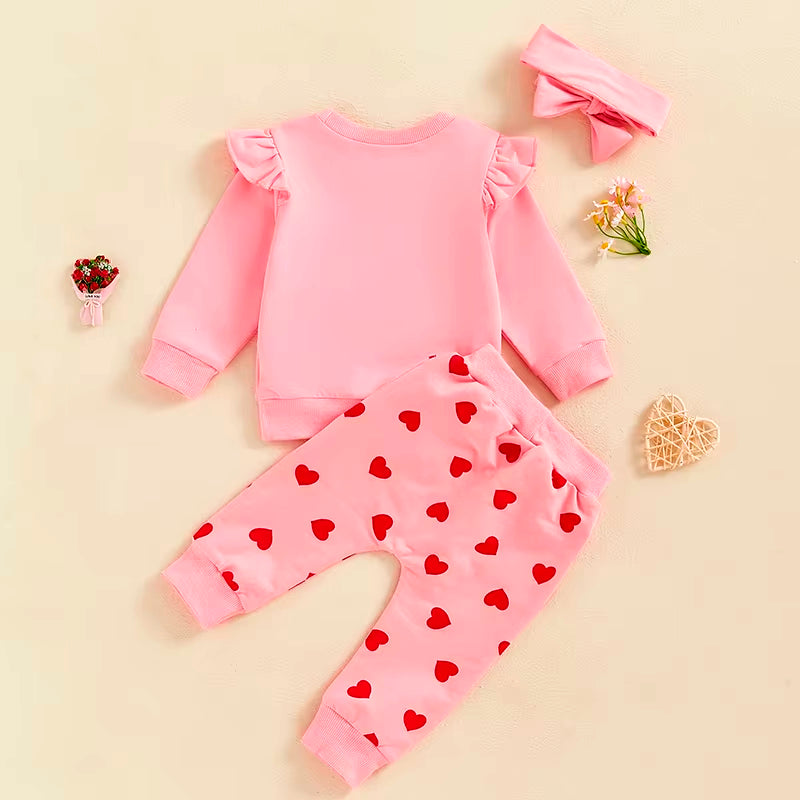 Little Valentine Love ❤️ Fly Sleeve Sweatshirt + Heart Print Pants + Bow (6M-3T)