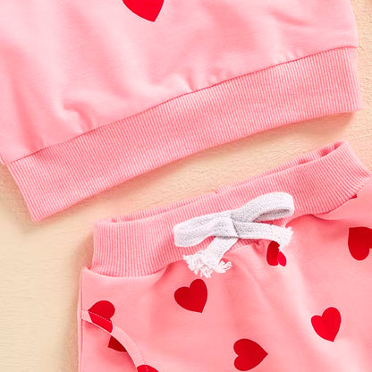 Little Valentine Love ❤️ Fly Sleeve Sweatshirt + Heart Print Pants + Bow (6M-3T)