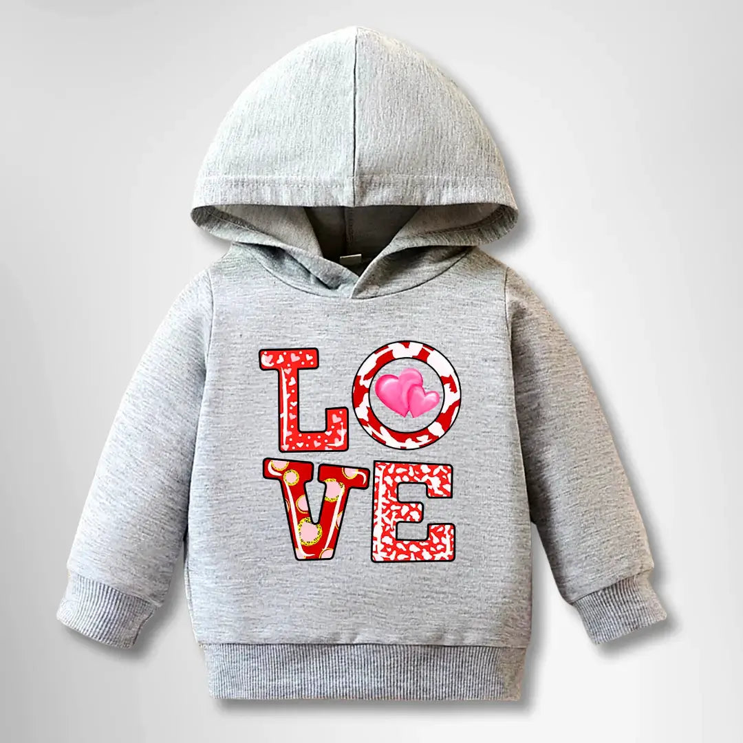 Grey All About Love Hoodie for babies, featuring "LOVE" design, perfect cozy sweatshirt for infants and toddlers 3-24M.