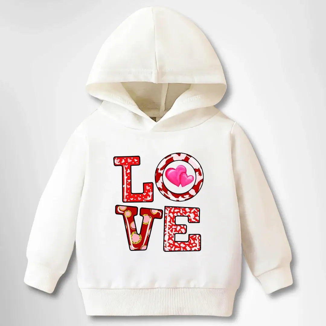 All About Love hoodie sweatshirt for babies with 'LOVE' text, cozy and stylish in white. Perfect for toddlers' wardrobe.