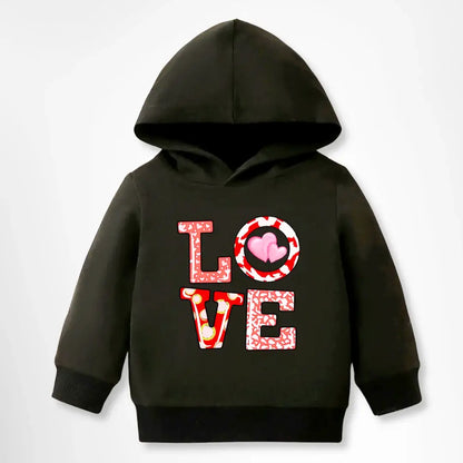 Baby Love Hoodie Sweatshirt in black with bold red 'LOVE' print, perfect for toddlers aged 3-24M. Cozy, stylish, and breathable.