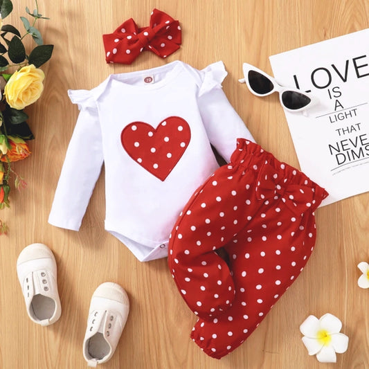 Love Heart Romper - Long Sleeve Onesie & Pant Set + Headband (0-18 M)