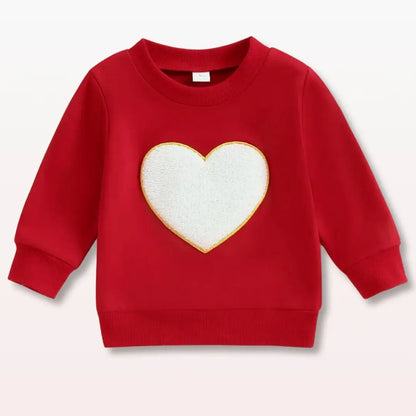 Cozy red sweatshirt with white heart embroidery, perfect for toddlers. Soft, breathable, and stylish for ages 6 months to 3 years.