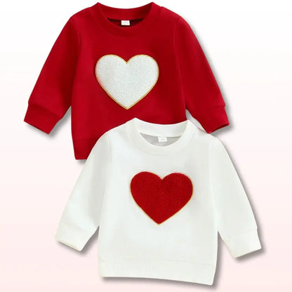 Love & Snuggles Heart-Embroidered Sweatshirts in cozy red and white, perfect for toddlers. Soft, playful design for chilly days.