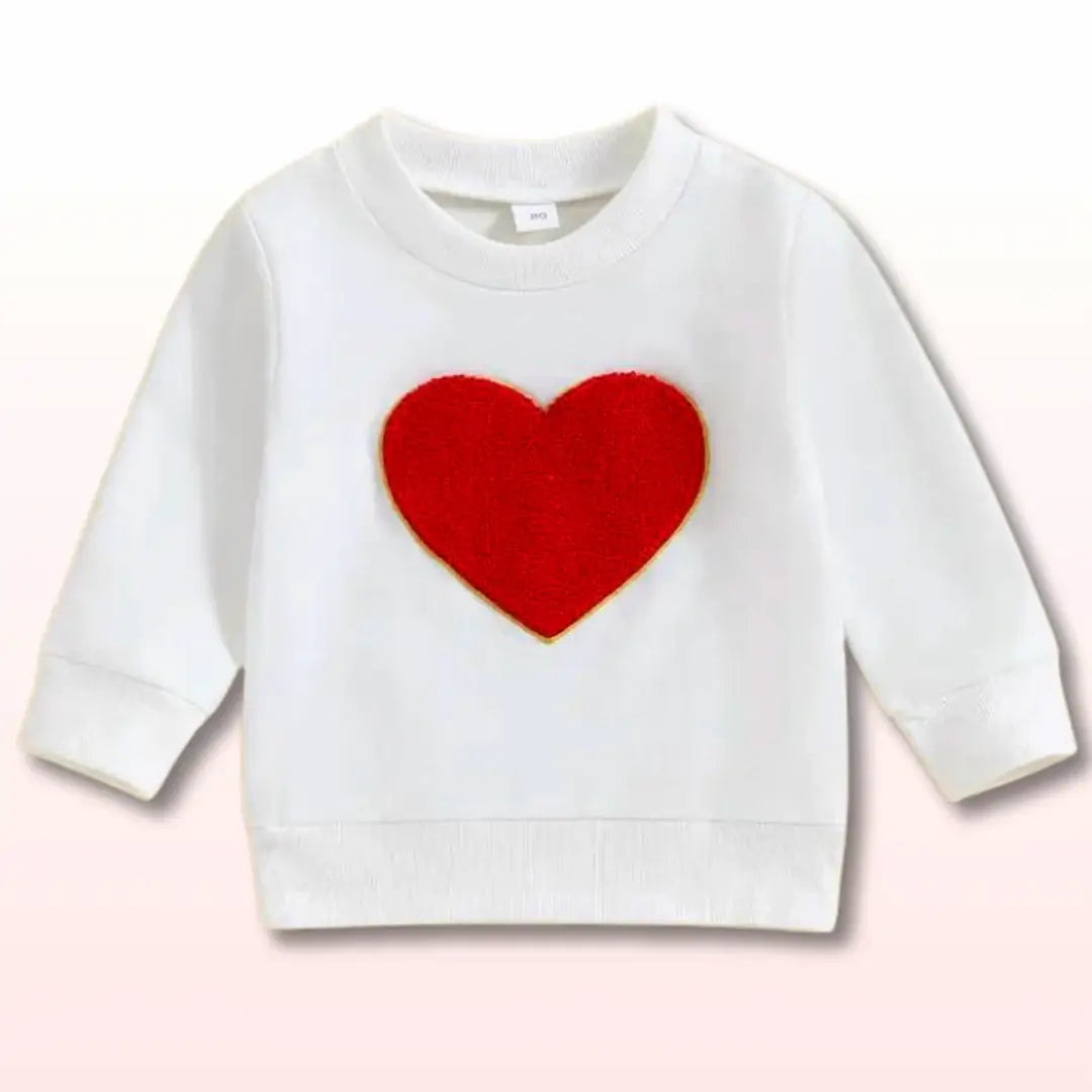 Cozy love & snuggles sweatshirt for toddlers with red heart embroidery on white fabric, perfect winter wear for ages 6 months to 3 years.