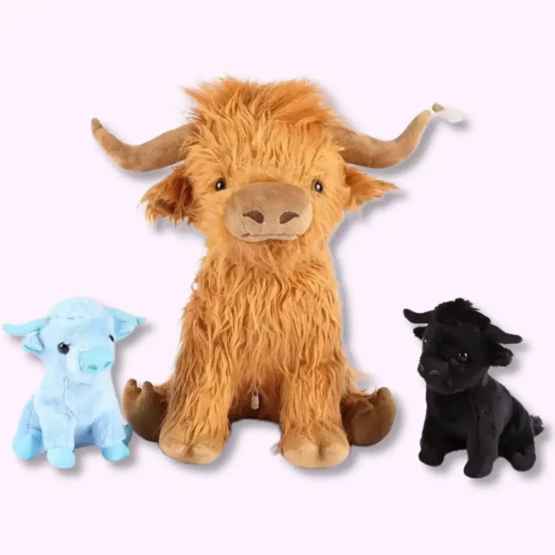 Highland cow plush toy with two adorable baby cows from zippered tummy, perfect holiday gift.