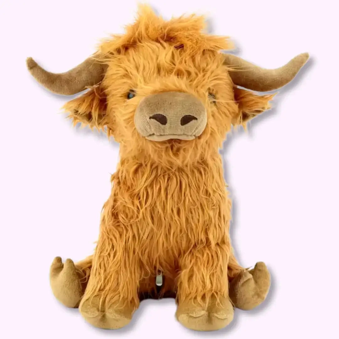 Fluffy Highland Cow plush toy with soft brown fur and curved horns, perfect holiday gift for kids, featuring zippered tummy with hidden babies.