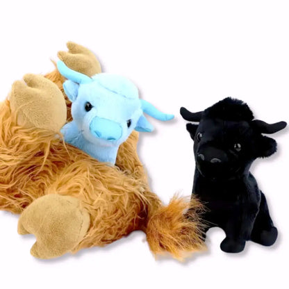 Mommy Highland Cow Plush with Two Baby Calves, One Blue and One Black, Snuggled Up for Holiday Fun