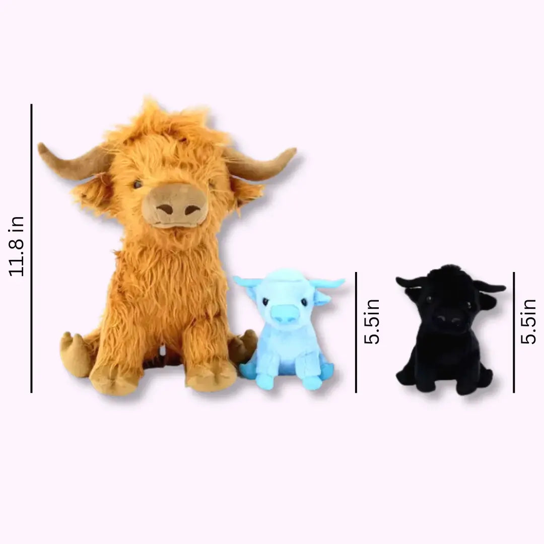 Mommy plush Highland cow with two adorable baby cows in blue and black, all sizes shown.