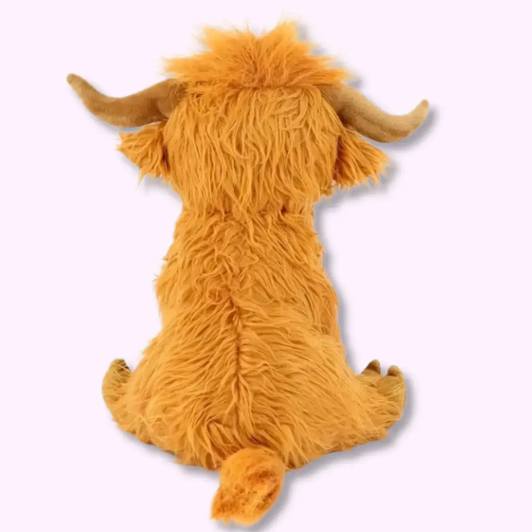 Mommy plush Highland cow toy back view, showcasing fluffy fur and cute ears, perfect holiday gift with babies in zippered tummy.