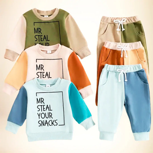 Colorful "Mr. Steal Your Snacks" toddler sweatshirt and joggers set, showcasing playful design and cozy comfort for kids aged 12M-5T.