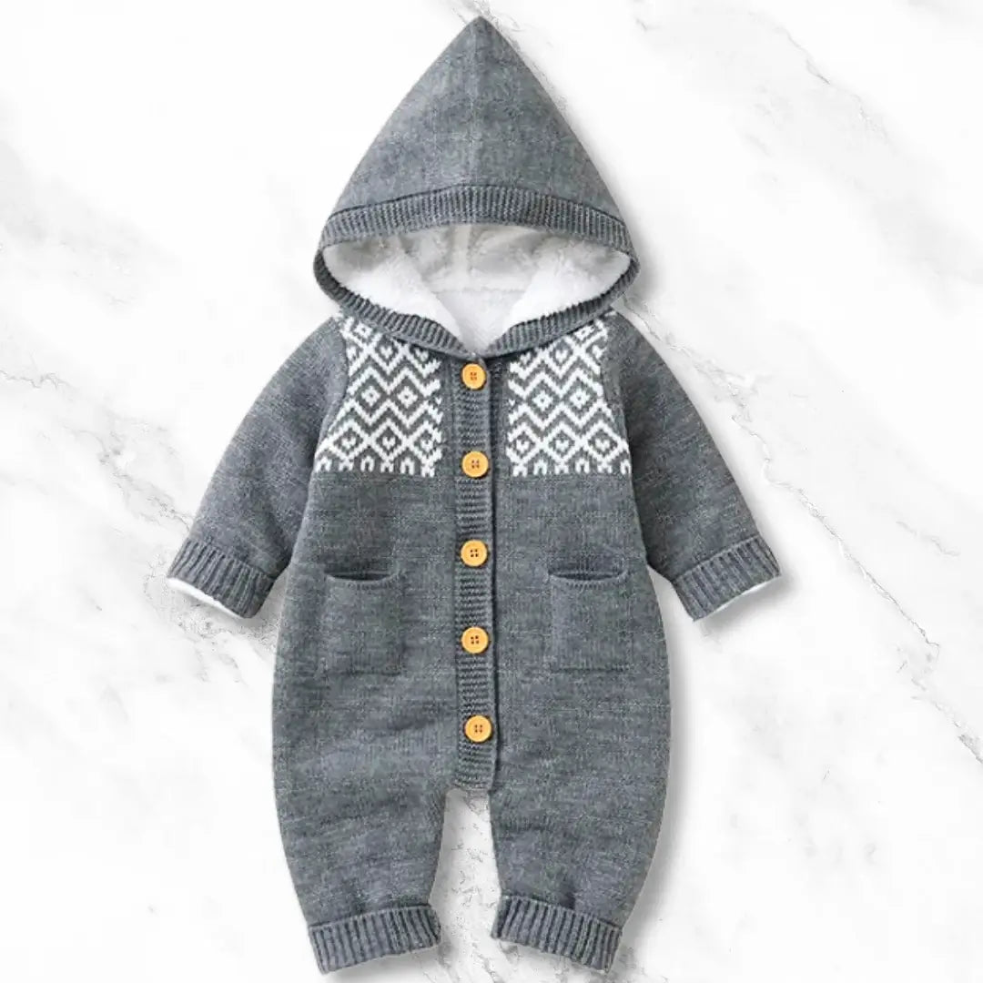 Nordic Knit Hooded Romper with Fleece Lining in Grey, featuring button-up front and cozy hood for babies 0-18M