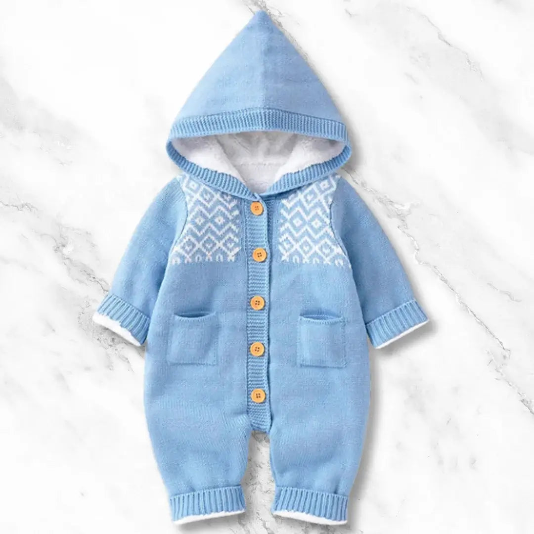 Nordic Knit Hooded Romper in Baby Blue with Fleece Lining and Button-Up Front