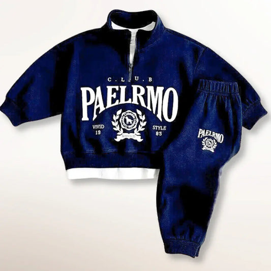 Navy Palermo Sports Club kids' two-piece set with half-zip sweatshirt and joggers featuring "Club Palermo" lettering.