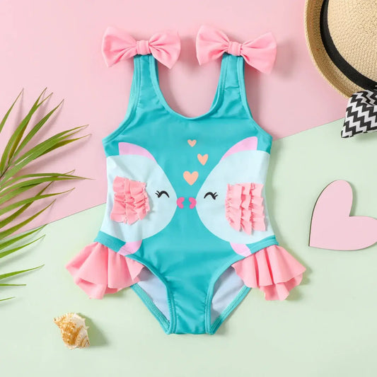 Ruffled Pink & Teal Swimsuit with Fish Print and Cute Bows