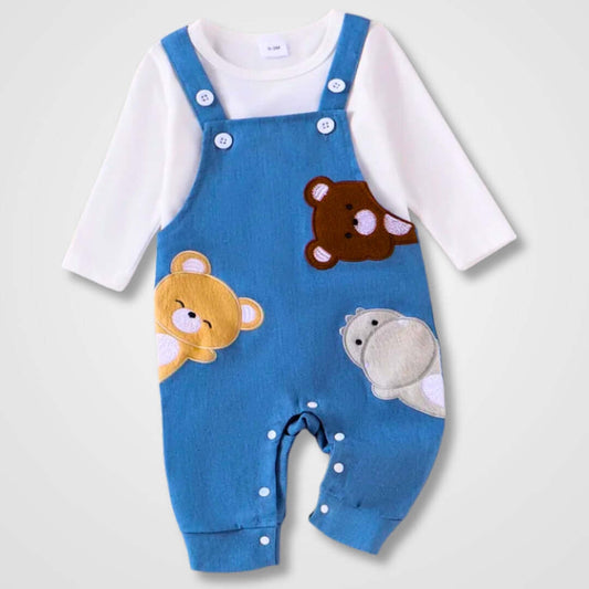 Playful Pals Overall Set - Two Piece Bear & Hippo Overalls Outfit (0-18M)