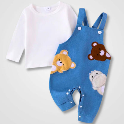 Playful Pals Overall Set - Two Piece Bear & Hippo Overalls Outfit (0-18M)