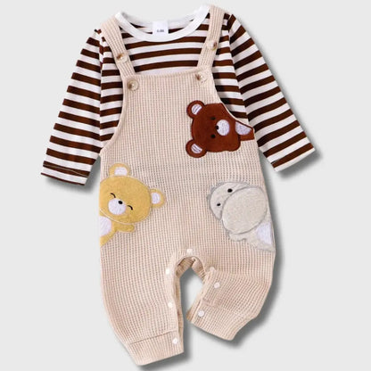 Playful Pals Overall Set - Long Sleeve Striped Top + Embroidered Corduroy Overalls (0-18M)