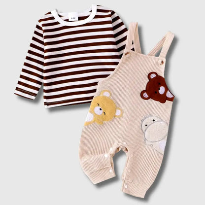 Playful Pals Overall Set - Long Sleeve Striped Top + Embroidered Corduroy Overalls (0-18M)