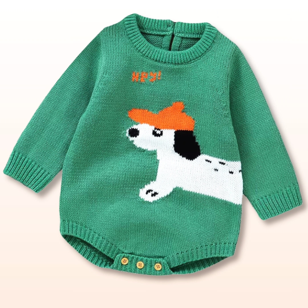 Playful Pup Knit Romper with cute dog design, perfect for babies 0-18M, cozy and stylish green romper with easy diaper change buttons.