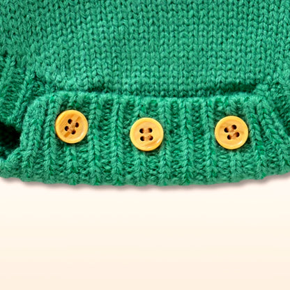 Green knit romper with three yellow buttons, part of the Playful Pup collection for babies 0-18 months.