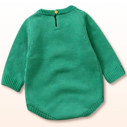 Green knit romper for infants, featuring long sleeves and a cozy design, perfect for stylish and comfortable baby wear.