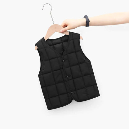 Unisex Chill-Proof Puffy Vest in black for kids aged 1-8, displayed on a hanger.