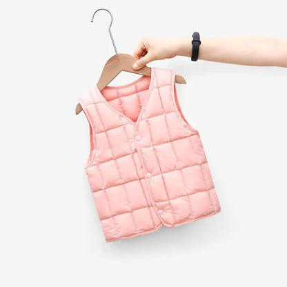 Pink Chill-Proof Puffy Vest for toddlers and kids 1-8Y, unisex, stylish and warm, perfect autumn outer layer on a wooden hanger.