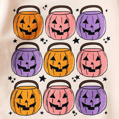 Halloween Pumpkin Bucket Print Romper with colorful pumpkin baskets in orange, pink, and purple on a soft sweatshirt fabric.