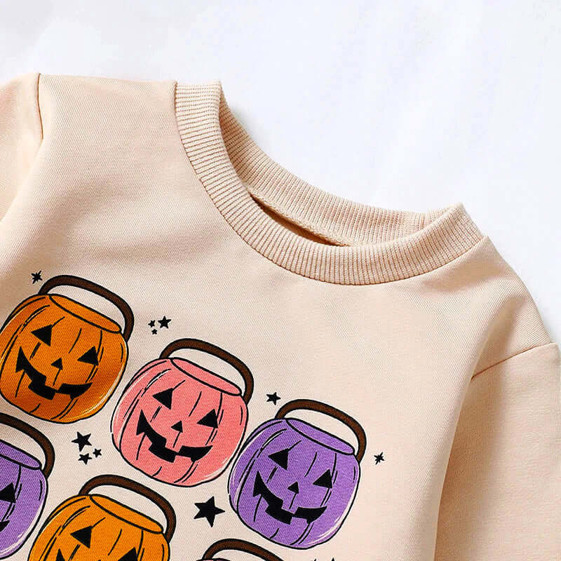 Baby long sleeve romper with colorful Halloween pumpkin basket print, perfect for a spooky yet cute holiday outfit.