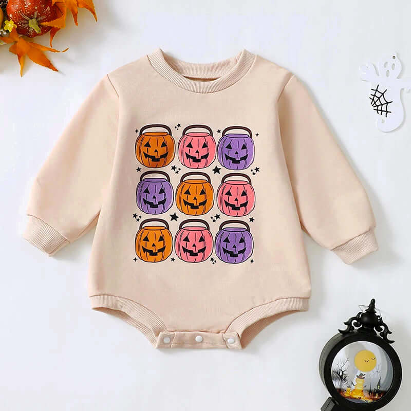 Adorable Halloween pumpkin bucket print romper with long sleeves, perfect for babies 0-18 months. Soft and comfy Halloween baby outfit.