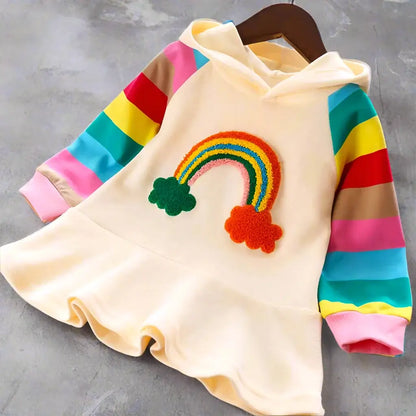 Rainbow hooded sweatshirt for kids with colorful stripes and playful rainbow design, perfect for stylish and cozy summer nights.