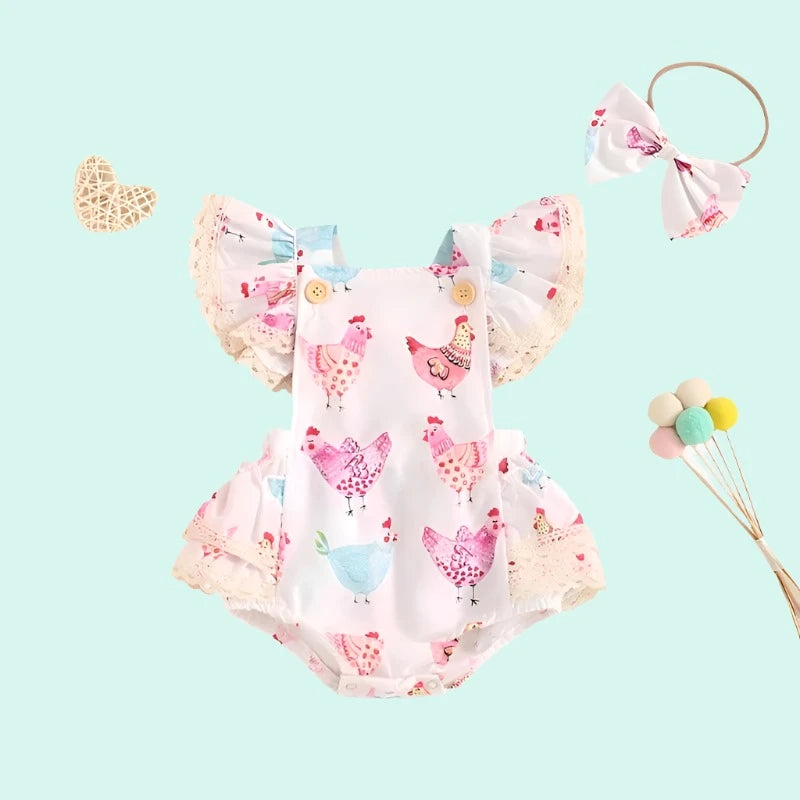 Rooster Print Lace Trim Square Neck Fly Sleeve Romper with Bow (0-18M)