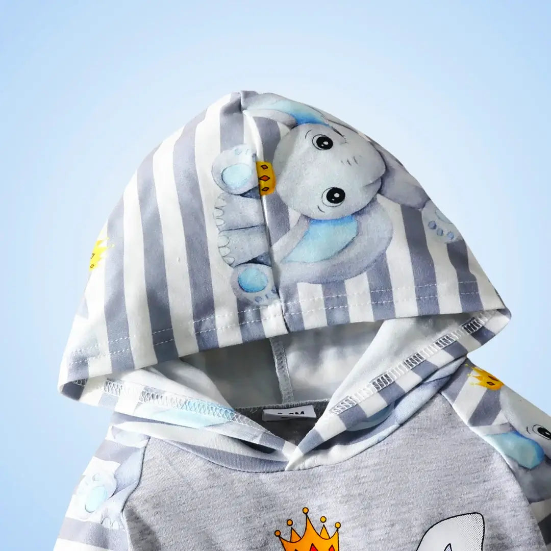 👑 Royal Baby Elephant 🐘 Boys' Hooded Sweatshirt & Striped Pants Set (3-24M)