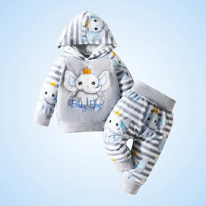 Royal Baby Elephant boys' hooded sweatshirt and striped pants set, soft and cozy outfit for infants aged 3-24 months.